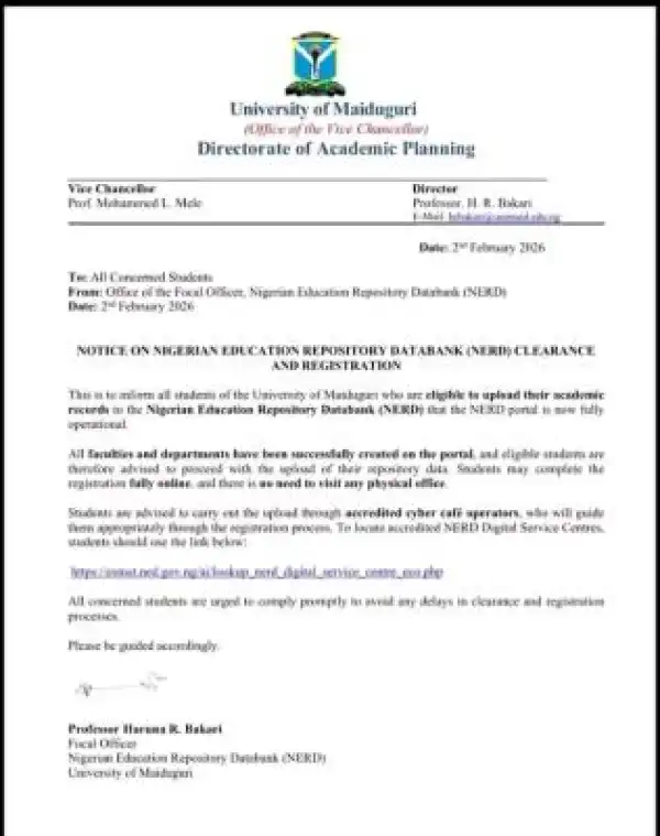 UNIMAID notice to students on NERD clearance registration