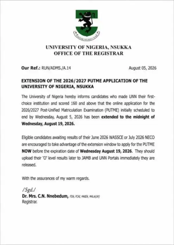 UNN extends Post-UTME application deadline, 2026/2027