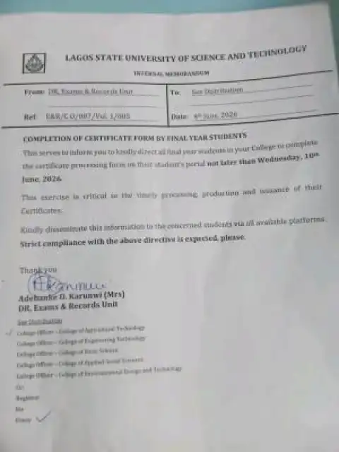 LASUSTECH notice to final year students on completion of certificate processing form