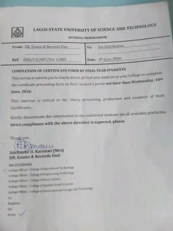 LASUSTECH notice to final year students on completion of certificate processing form