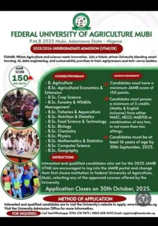Federal University of Agriculture, Mubi Post-UTME Registration, 2025/2026