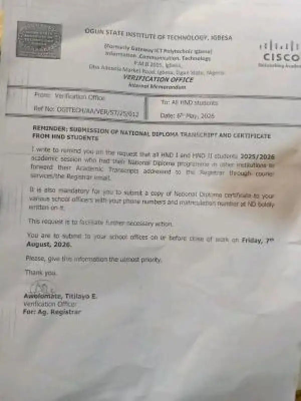 OGITECH notice on submission of ND Transcripts and Certificate by HND Students