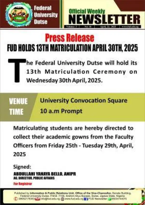 FUDUTSE announces 13th Matriculation ceremony