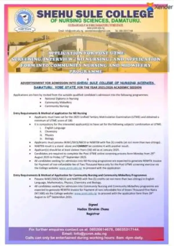 Shehu Sule College of Nursing Sciences releases admission form, 2025/2026