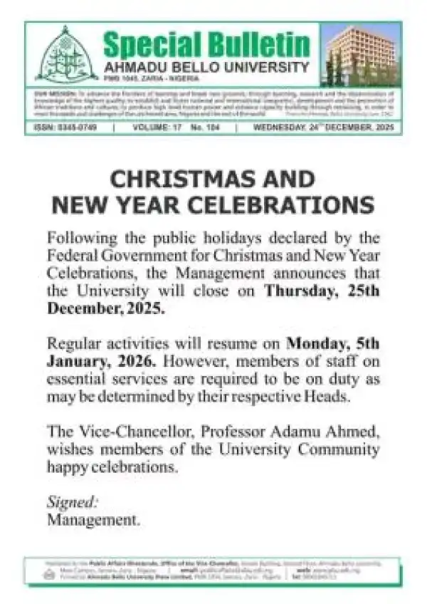 ABU announces closure for Christmas and New Year holidays