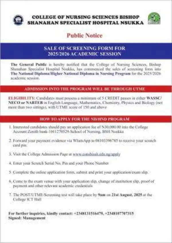 Bishop Shanahan Specialist Hospital, Nsukka releases ND/HND Nursing admission form, 2025/2026