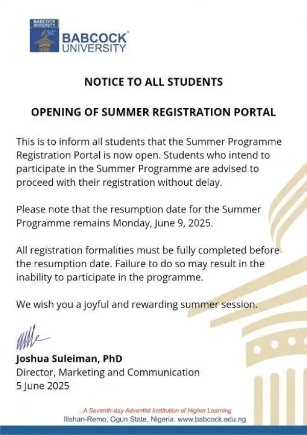 Babcock University notice on summer programme resumption and opening of registration portal