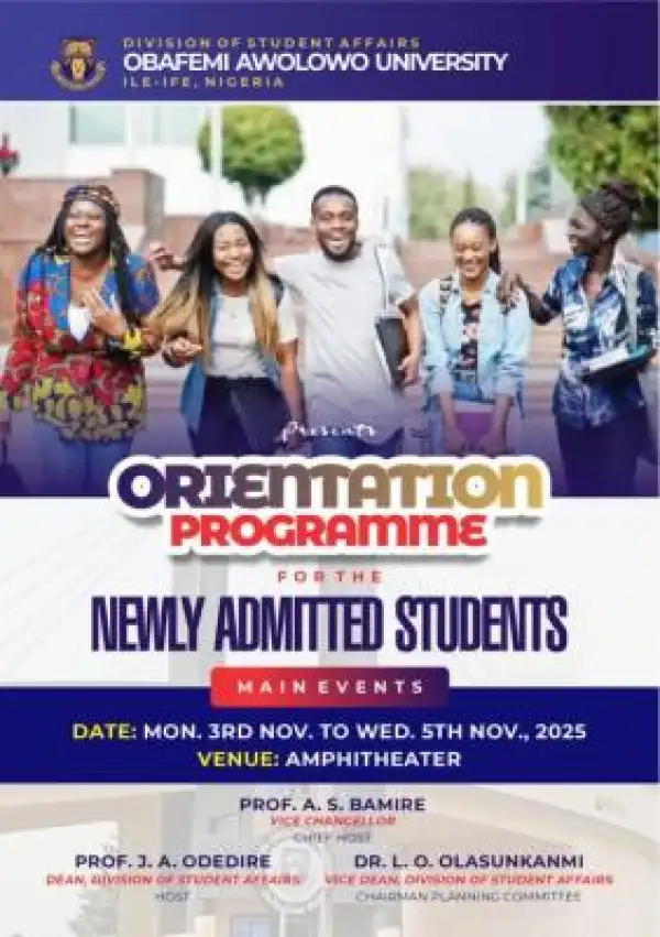 OAU announces orientation programme for newly admitted students, 2025/2026