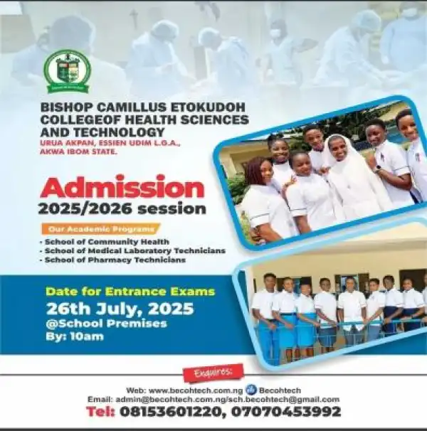 Bishop Camillus Etokudoh College of Health Sciences & Tech. Admission form, 2025/2026