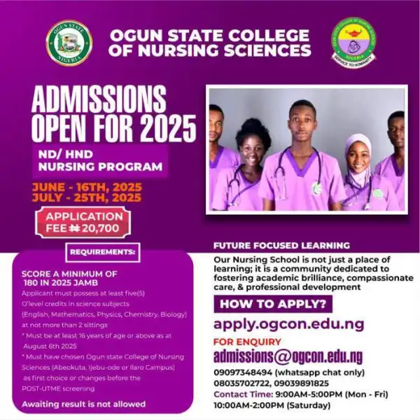 Ogun State College of Nursing Sciences ND/HND Nursing admission form, 2025/2026