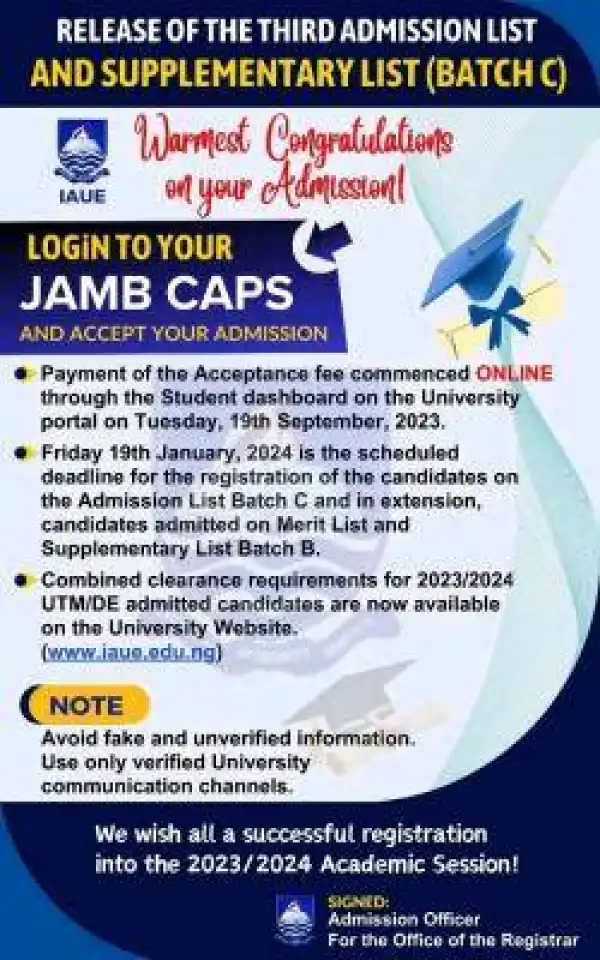 IAUE supplementary UTME batch C admission list, 2023/2024 session out