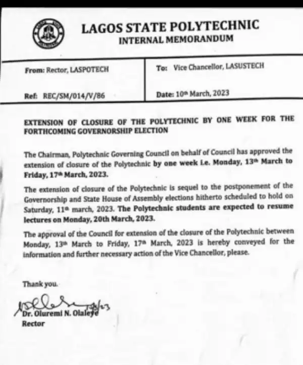 LASPOTECH notice on extension of closure of polytechnic