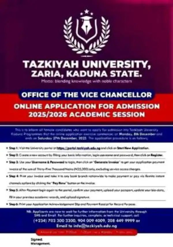 Tazkiyah University, Zaria opens admissions portal for 2025/2026 session