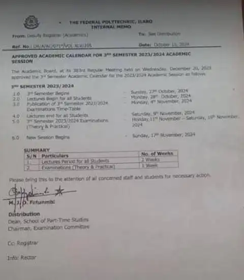 Fed Poly Ilaro approved academic calendar for 3rd semester, 2023/2024