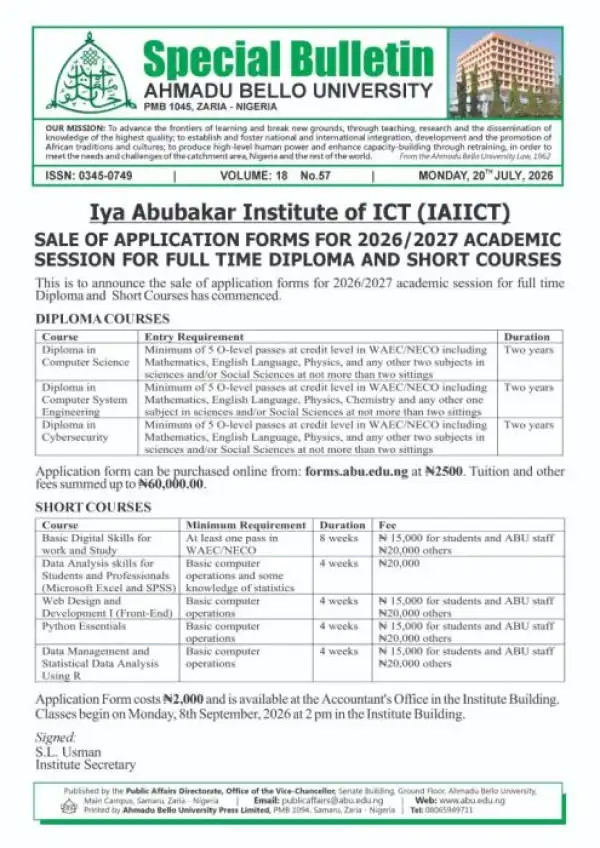 ABU Iya Abubakar Institute of ICT opens Diploma and Short Course Admission, 2026/2027