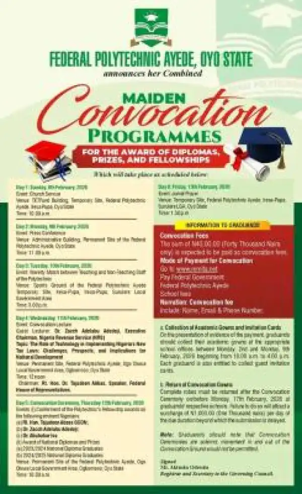 Federal Polytechnic, Ayede announces Combined Maiden Convocation Ceremonies