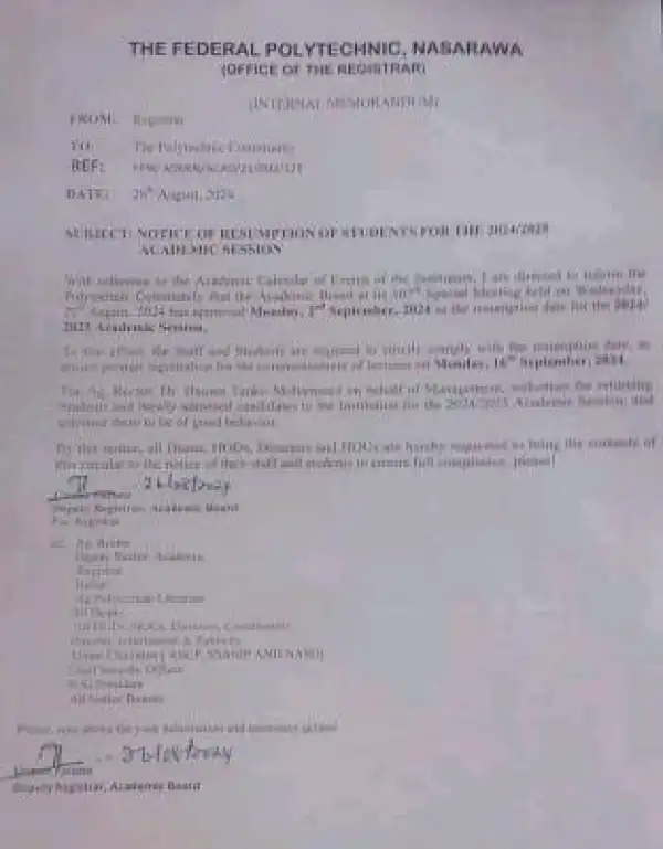 Fed Poly Nasarawa announces resumption date, 2024/2025