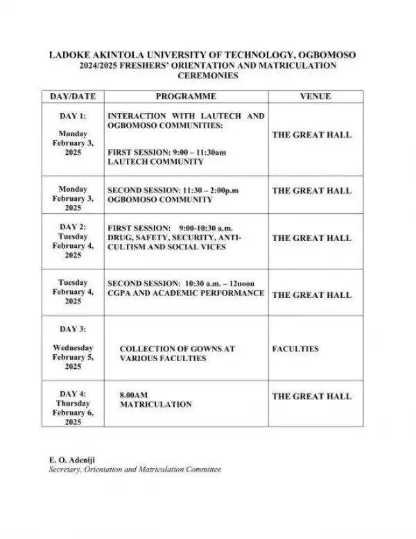 LAUTECH schedule for orientation and matriculation, 2024/2025