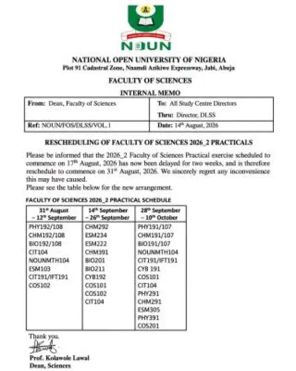 NOUN reschedules 2026_2 Faculty of Sciences practicals