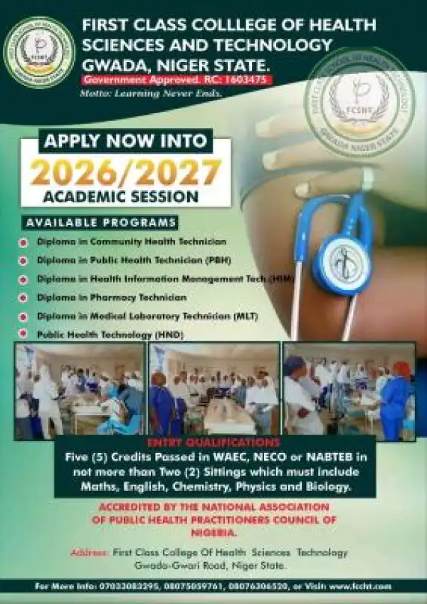 First Class College of Health Sciences and Technology, Gwada Admission form, 2026/2027