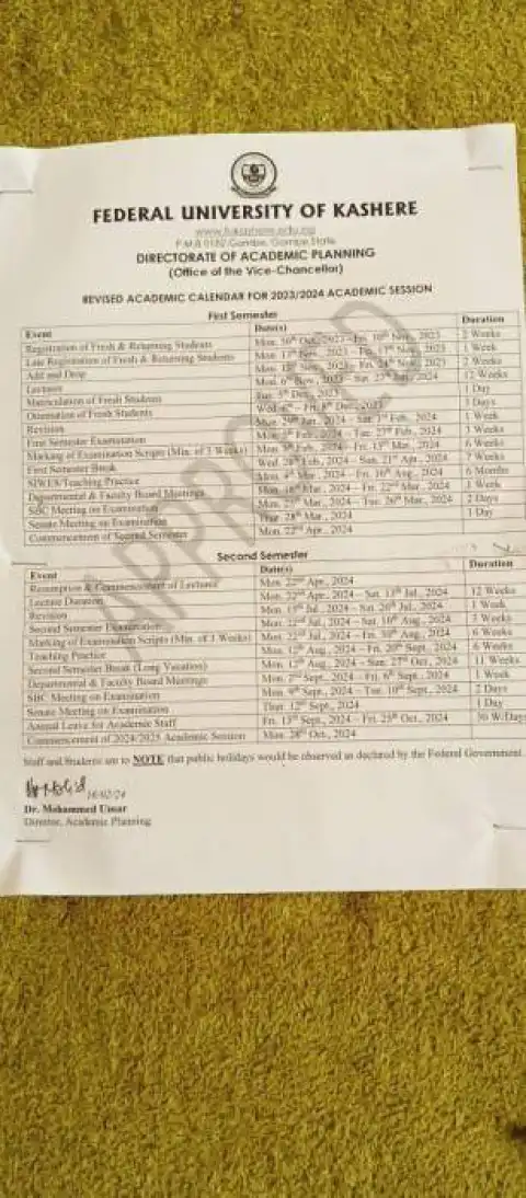 Fukashere revised academic calendar, 2023/2024