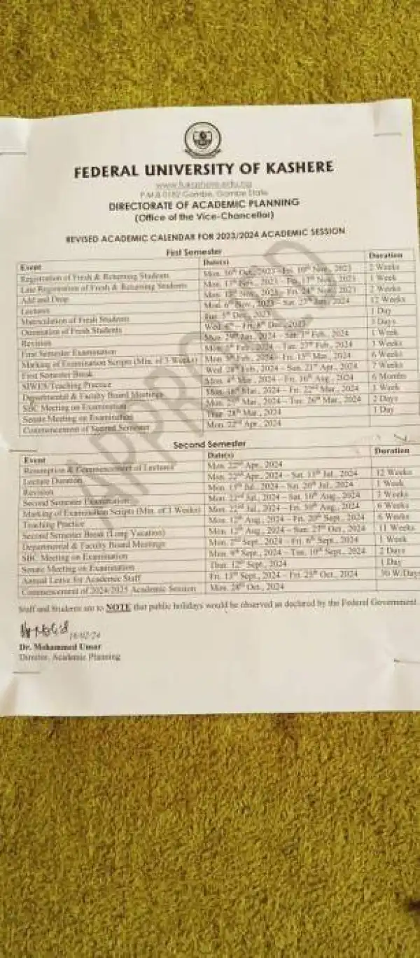 Fukashere revised academic calendar, 2023/2024