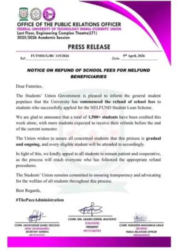 FUTMINNA Commences School Fees Refund for NELFUND Beneficiaries