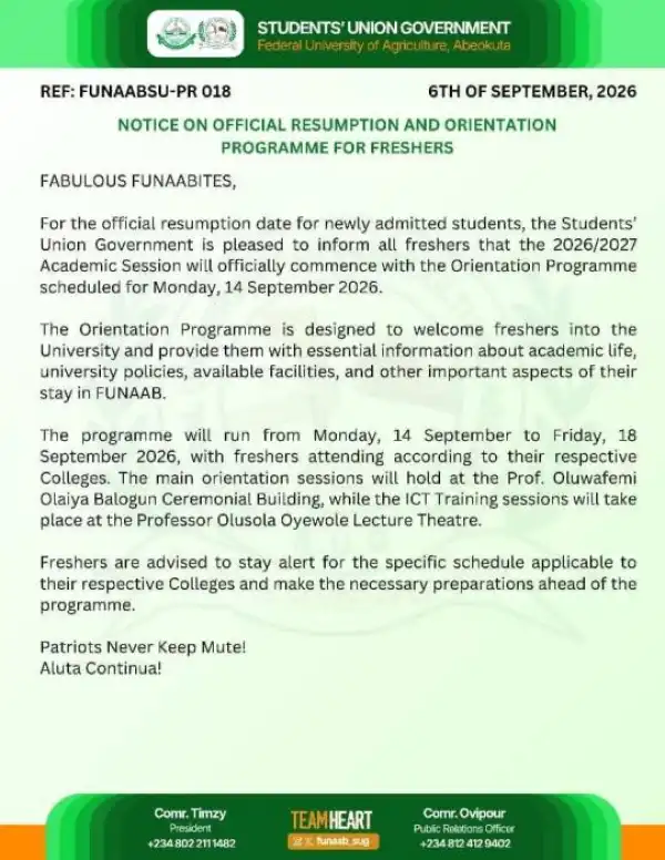FUNAAB SUG notice on resumption and orientation for freshers