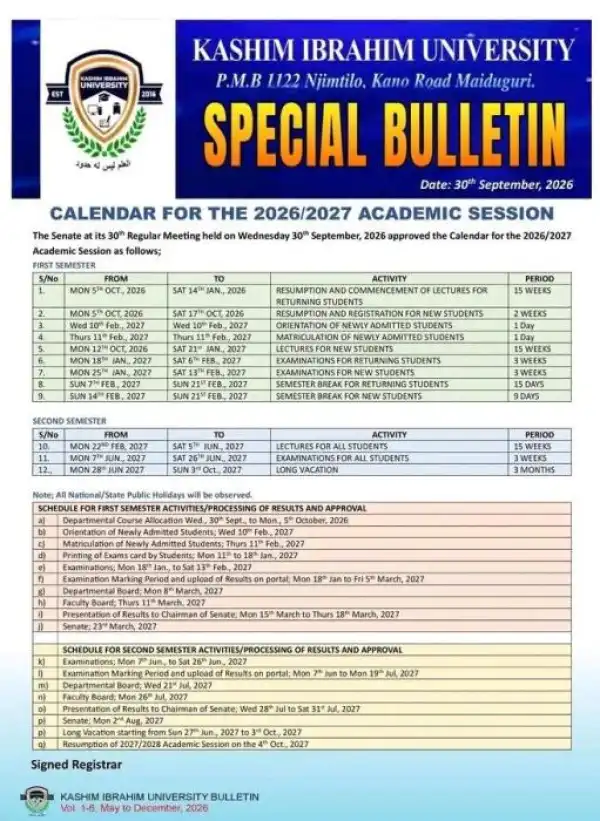 Kashim Ibrahim University Approves Academic Calendar, 2026/2027
