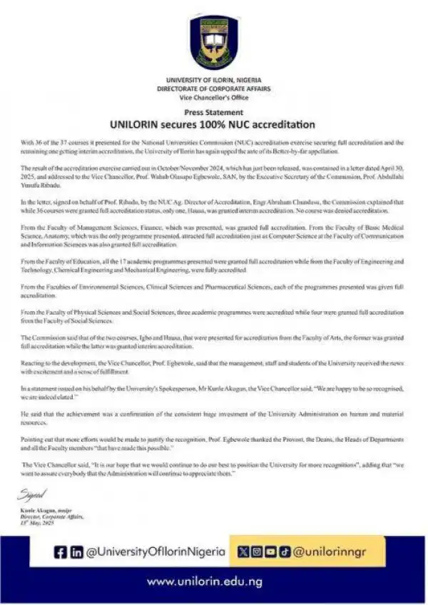 UNILORIN Secures 100% NUC Accreditation
