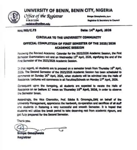UNIBEN ends 1st semester, sets resumption date for 2nd Semester, 2025/2026