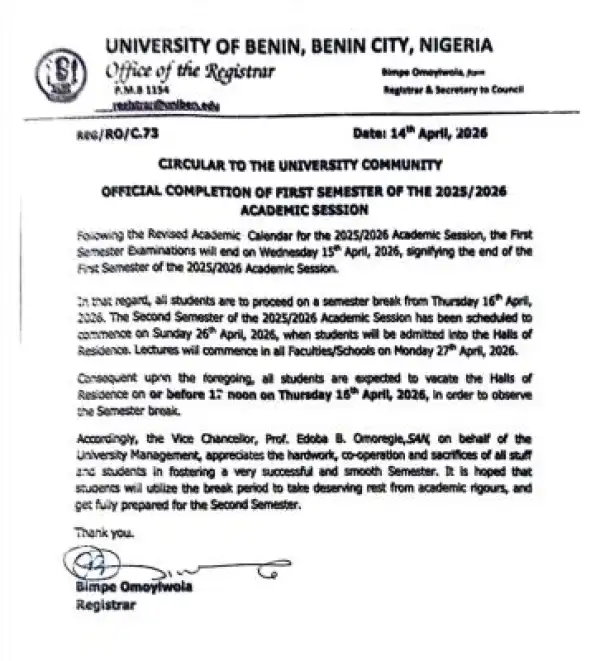 UNIBEN ends 1st semester, sets resumption date for 2nd Semester, 2025/2026