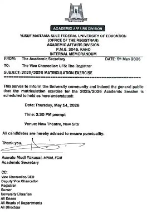 Yusuf Maitama Sule Federal University of Education announces Matriculation Ceremony, 2025/2026