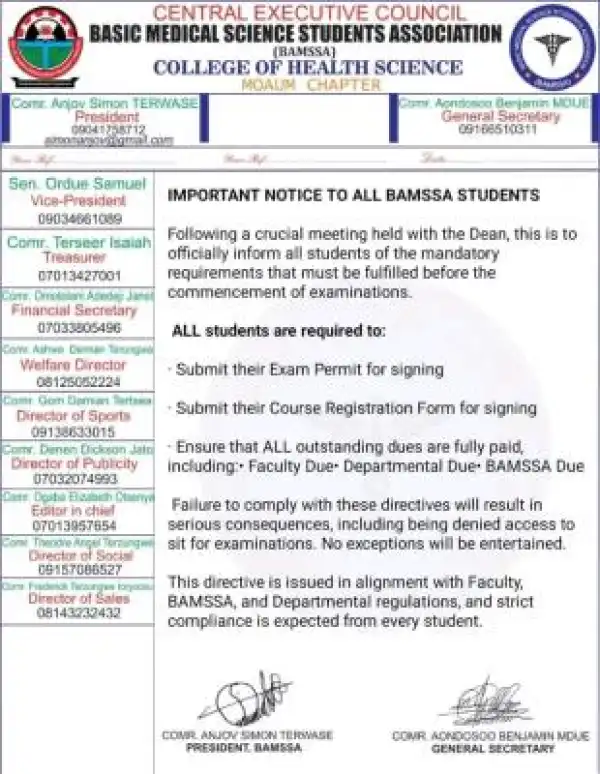 BSU Basic Medical Science Students Association notice to students