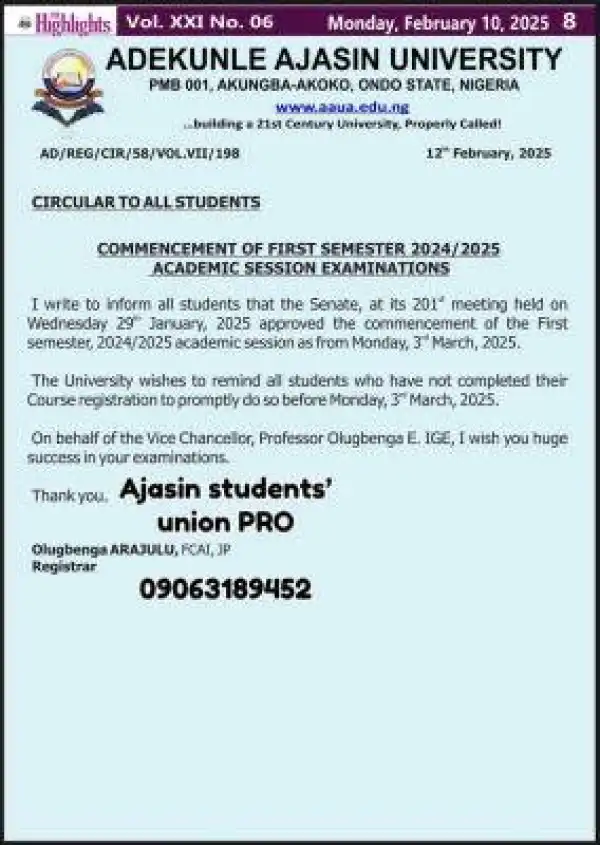 AAUA notice to students on commencement of 1st semester examination, 2024/2025