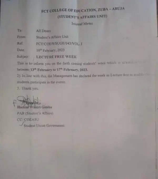 FCE Zuba announces lecture-free week