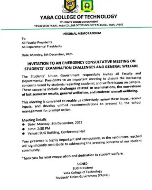 YABATECH SUG announces emergency meeting over exam challenges and students