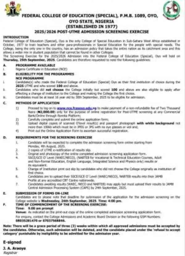 FCE Oyo (Special) Post-UTME 2025: Cut-off mark, eligibility and Registration Details