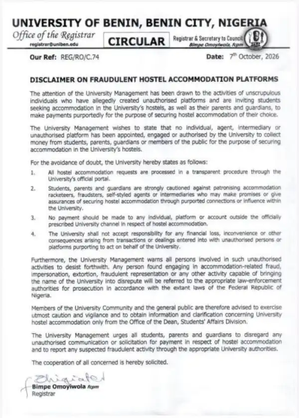 UNIBEN disclaimer notice on Fraudulent hostel accommodation platforms