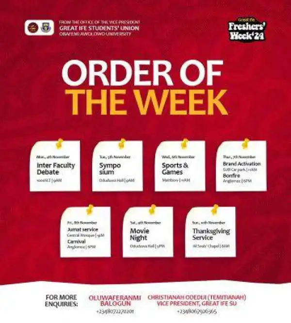 Obafemi Awolowo University announces schedule of events for Freshers