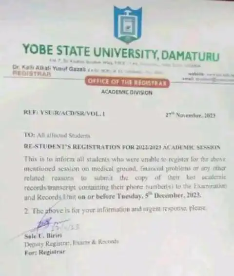 YSU notice to students unable to register for 2022/2023 session