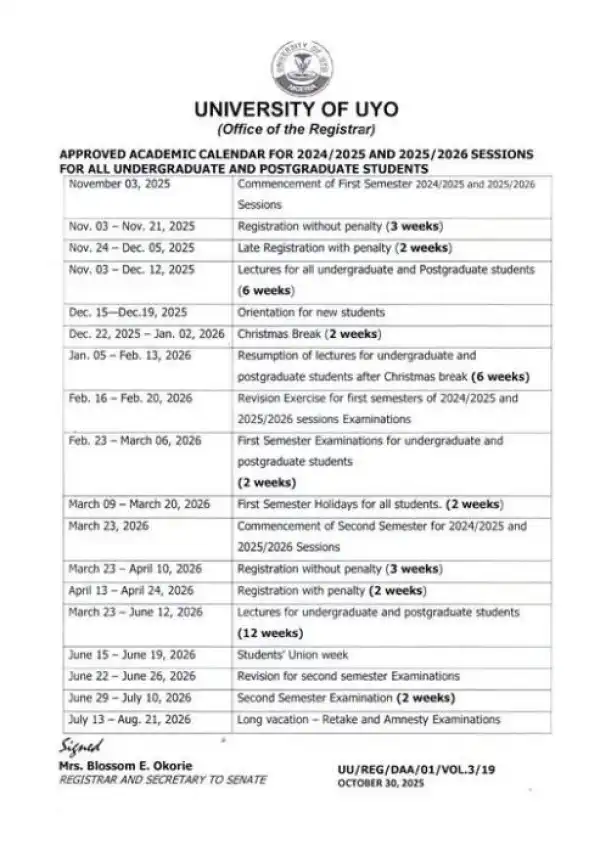UNIUYO academic calendar for 2024/2025 & 2025/2026
