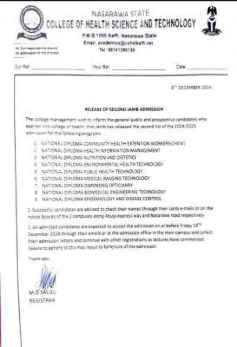 Nasarawa College of Health Tech. releases 2nd batch JAMB admission lists, 2024/2025