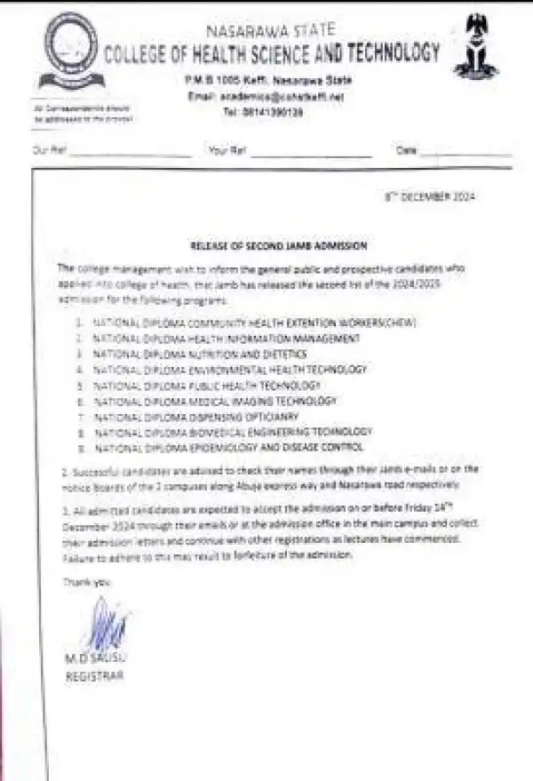 Nasarawa College of Health Tech. releases 2nd batch JAMB admission lists, 2024/2025