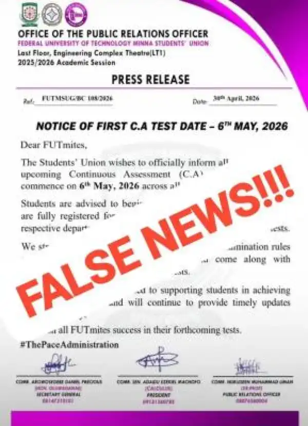 FUTMinna SUG notice on false C.A Test schedule in circulation
