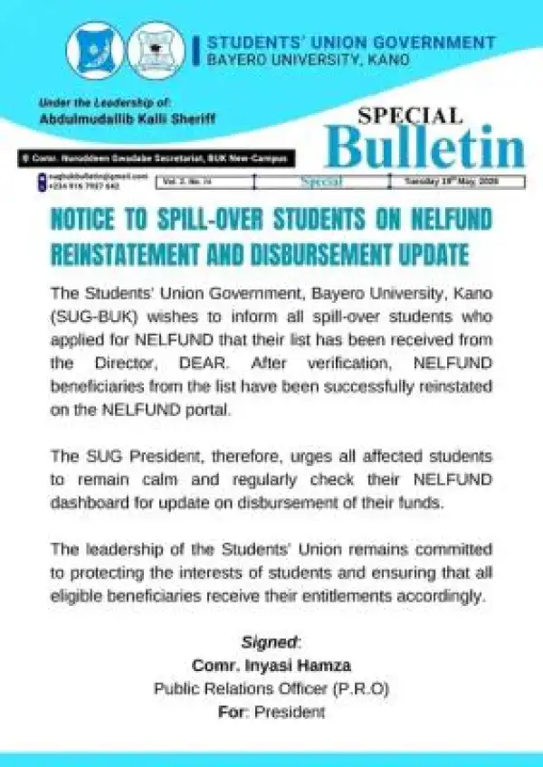 BUK SUG issues notice to spill-over students on NELFUND reinstatement and disbursement