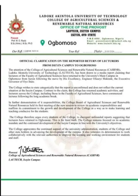 LAUTECH College of Agriculture official clarification on return of lecturers to Ogbomoso campus