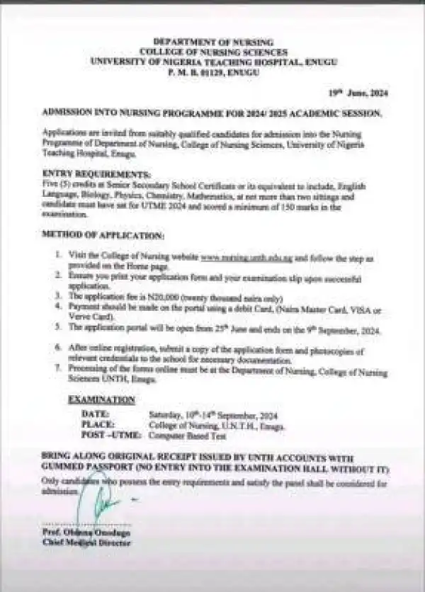 University of Nigeria Teaching Hospital, Enugu Nursing programme Admission form, 2024/2025