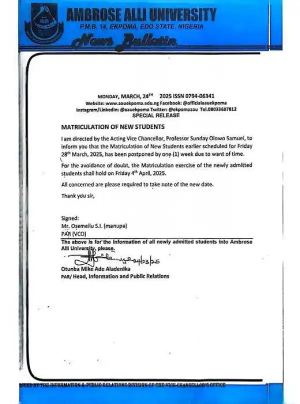 AAU postpones matriculation ceremony, 2024/2025