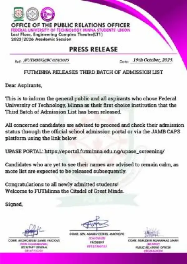 FUTMINNA 3rd batch admission list, 2025/2026
